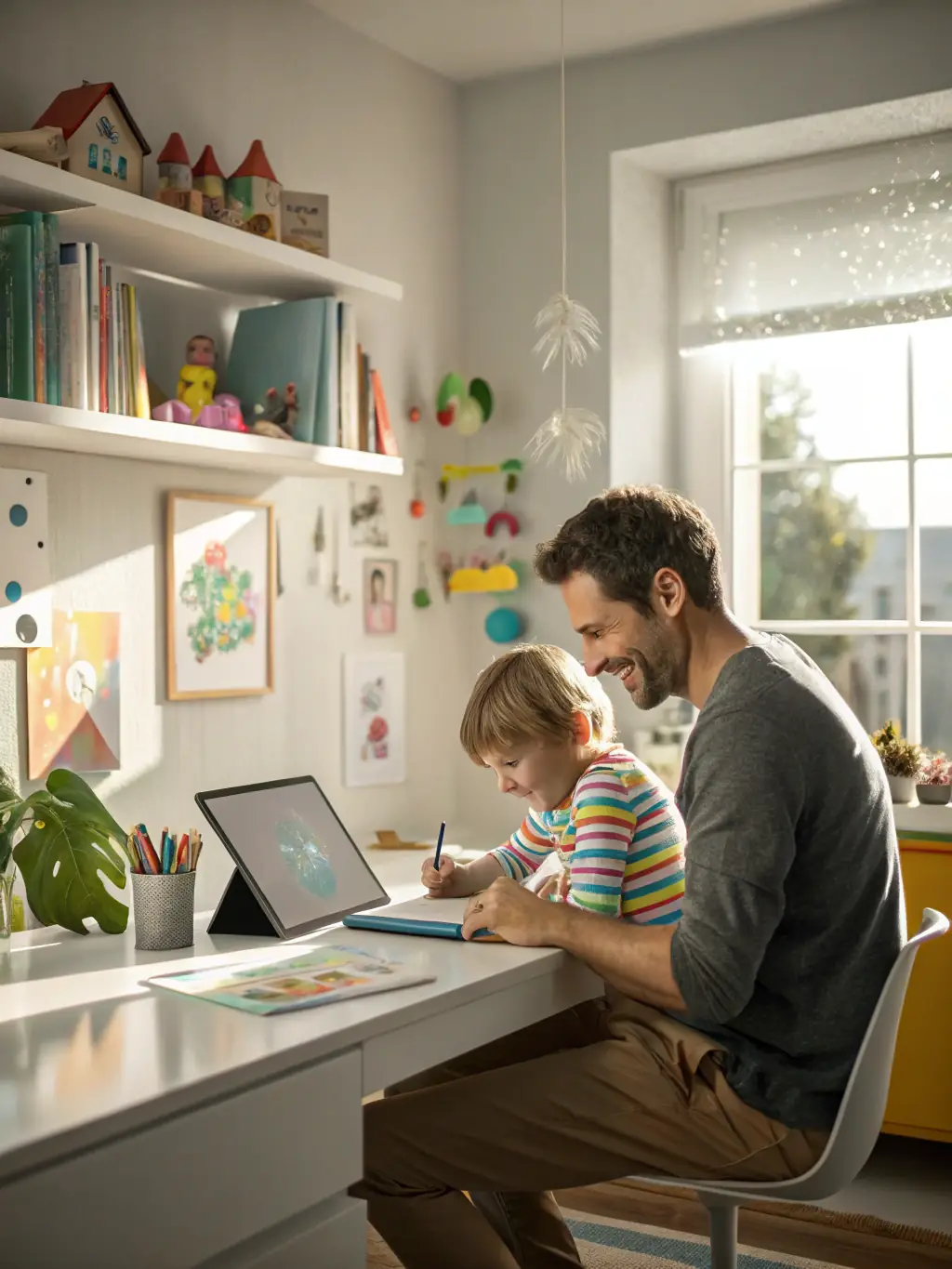 A digital illustration of a parent working from home with a child nearby, showcasing the flexibility of side hustles for parents, set against a backdrop of financial icons.