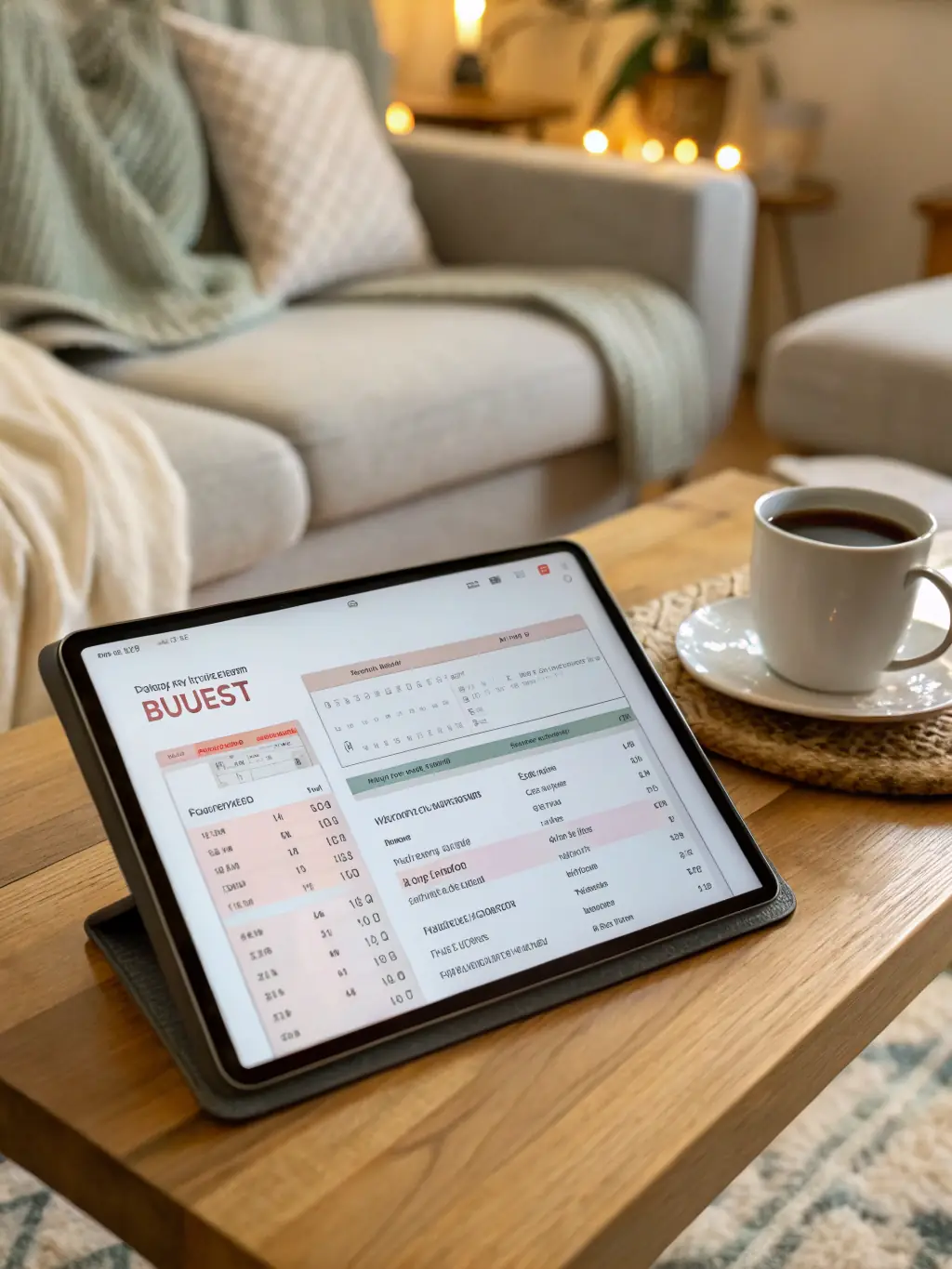 A clear and organized family budget template displayed on a tablet, showcasing sections for income, bills, groceries, and savings, styled with soft beige and green tones to create a welcoming and user-friendly impression. This image is used to showcase the Family Budget Template product.