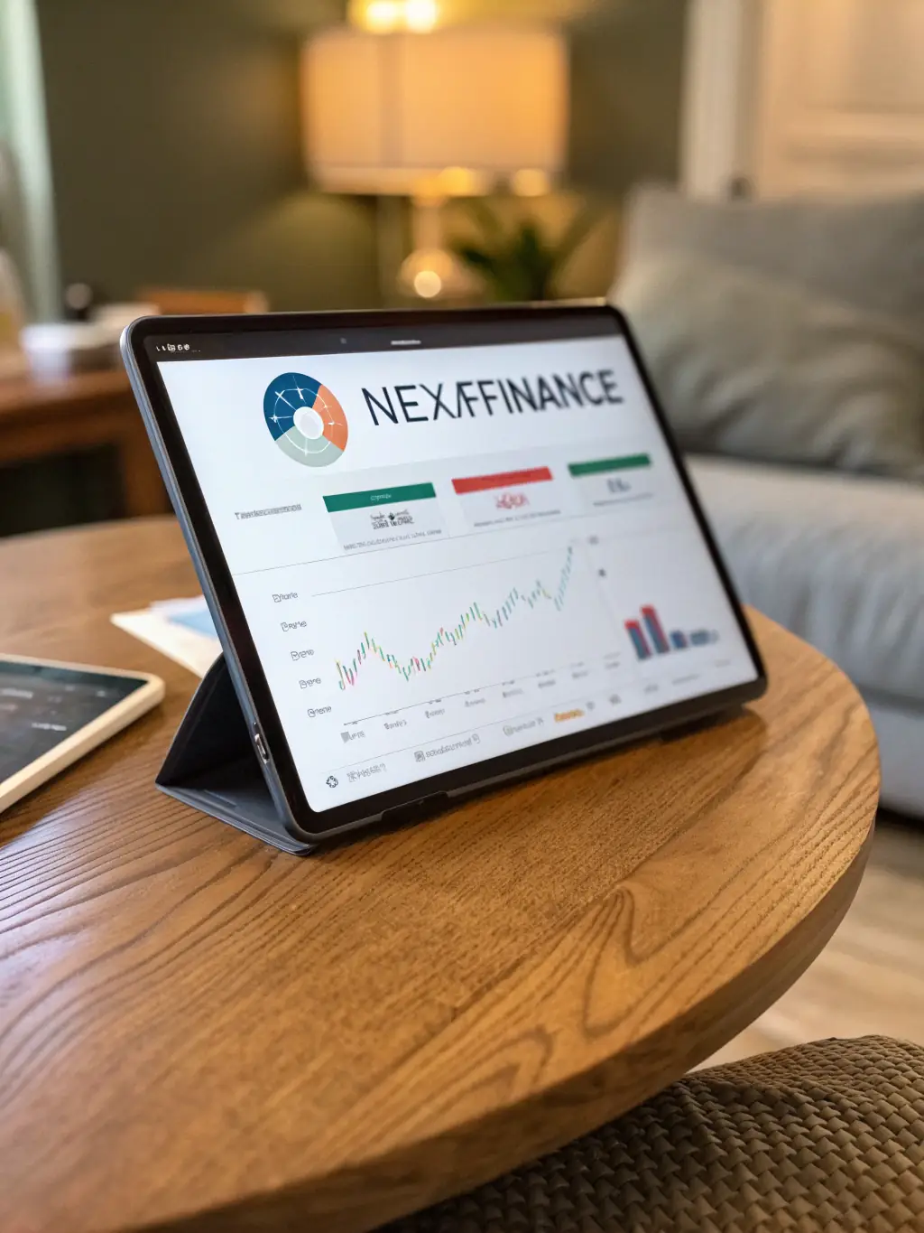 A screenshot of the Acorns app interface on a tablet, showing its round-up investment feature and portfolio options, used in a review on BudgetTogether Co.