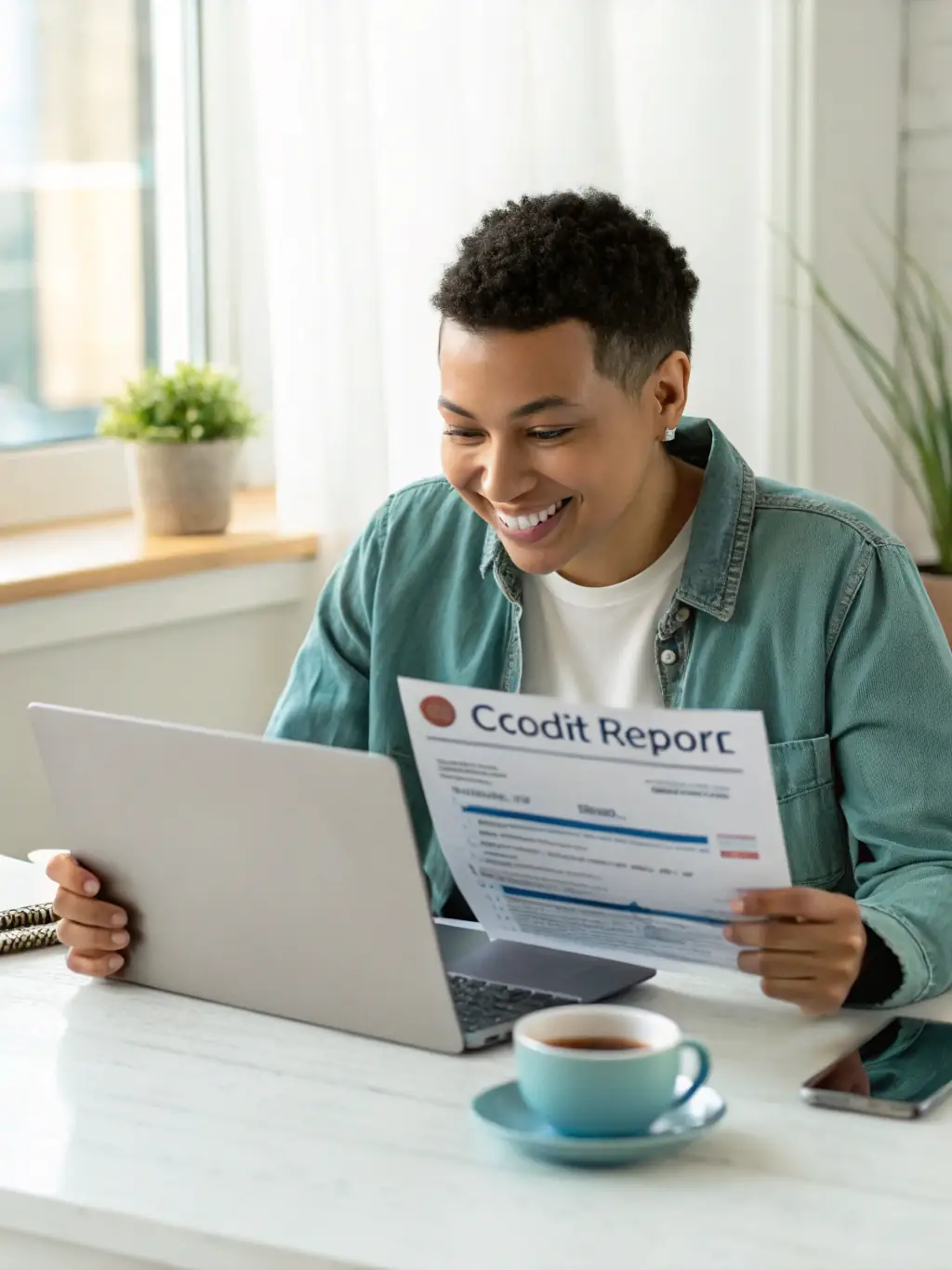 A clean graphic of a credit score meter with a positive score, displayed on a laptop screen, used to illustrate a review of Credit Karma on BudgetTogether Co.