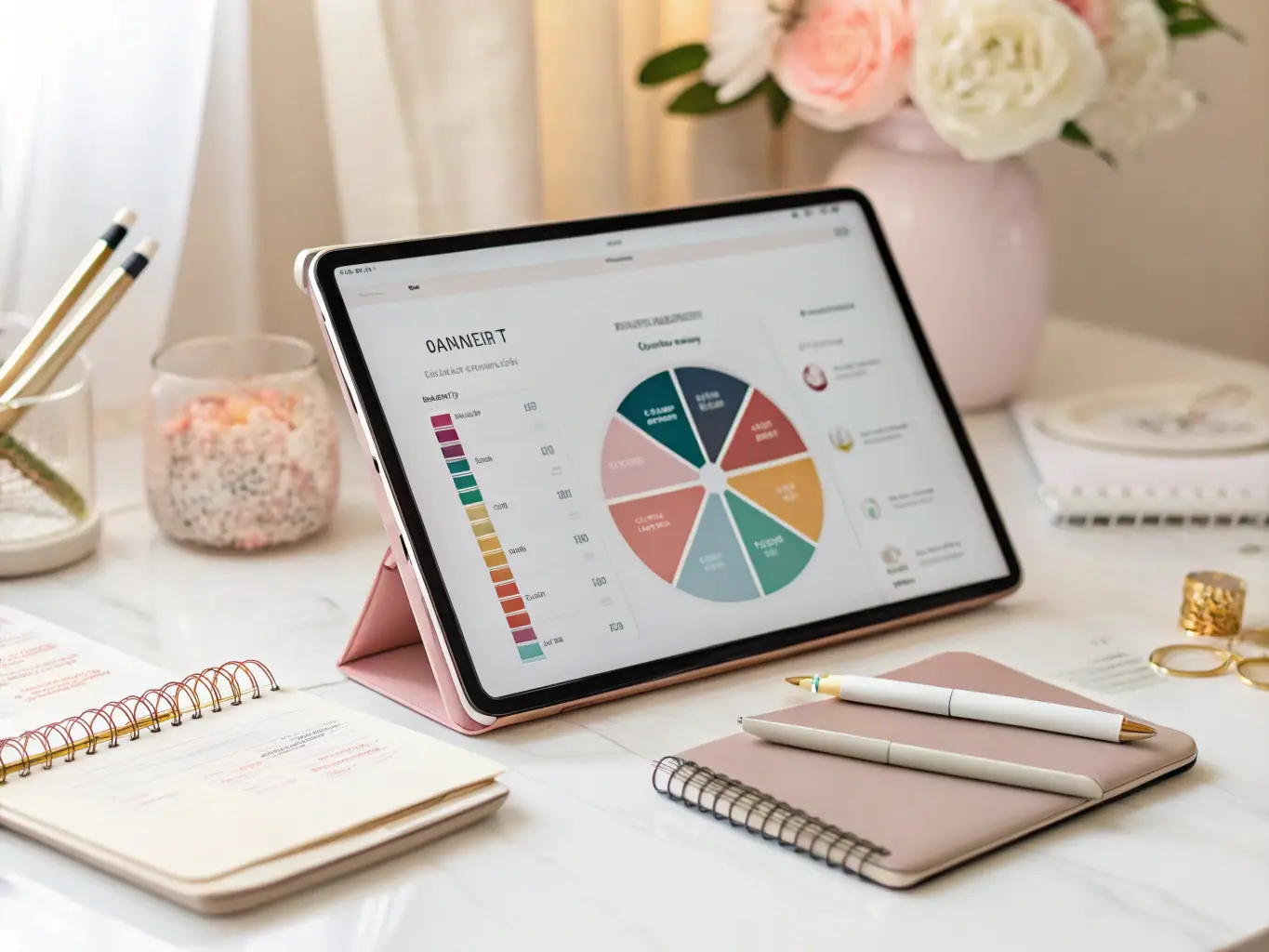 An image of a clean, modern couples budget planner with sections for income, expenses, and savings goals, featuring soft green and pink accents, displayed in a visually appealing layout.