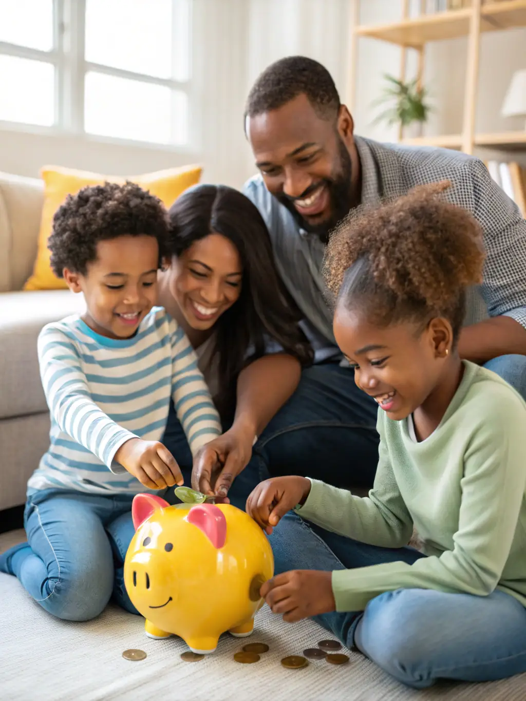 A playful graphic of a family with young children, surrounded by icons representing household expenses, illustrating budgeting for parents.