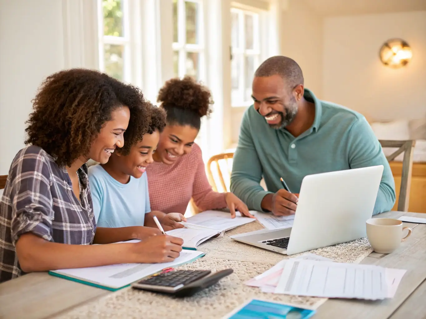 An image of a family happily gathered around a table, planning their budget together using a BudgetTogetherCo template, with colorful pens and a calculator.
