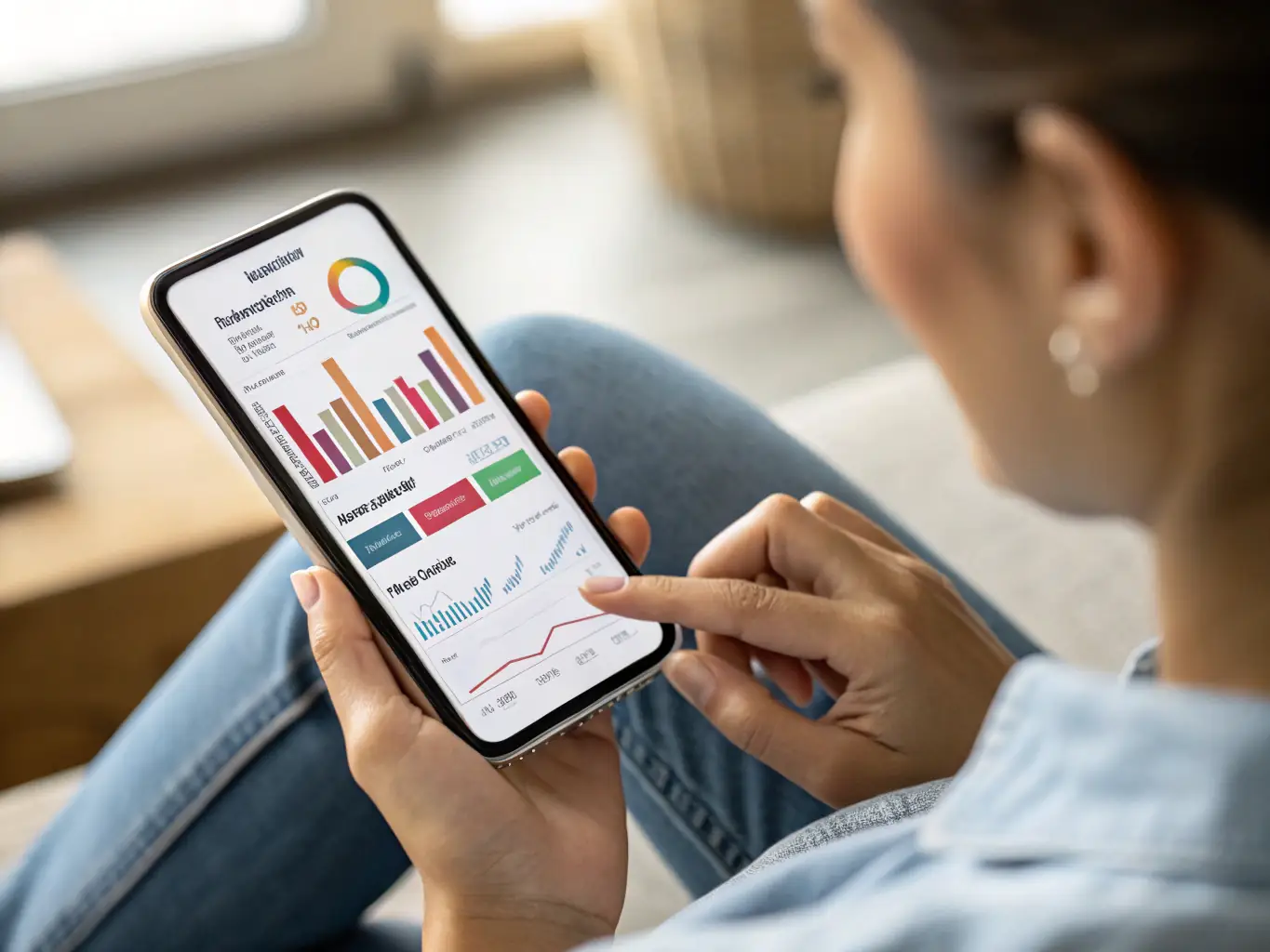 A clean, modern graphic featuring a mobile phone displaying a budgeting app interface, with charts and graphs illustrating financial tracking and planning.