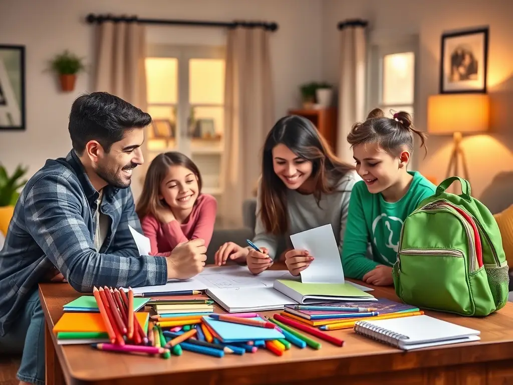 A child happily showing off their new school supplies, with a parent smiling in the background and a budget worksheet visible.