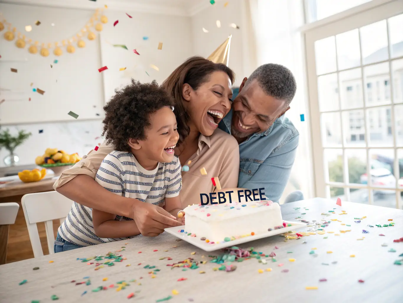 An image of a family celebrating a financial milestone, such as paying off debt or saving for a vacation, with balloons and a homemade banner.