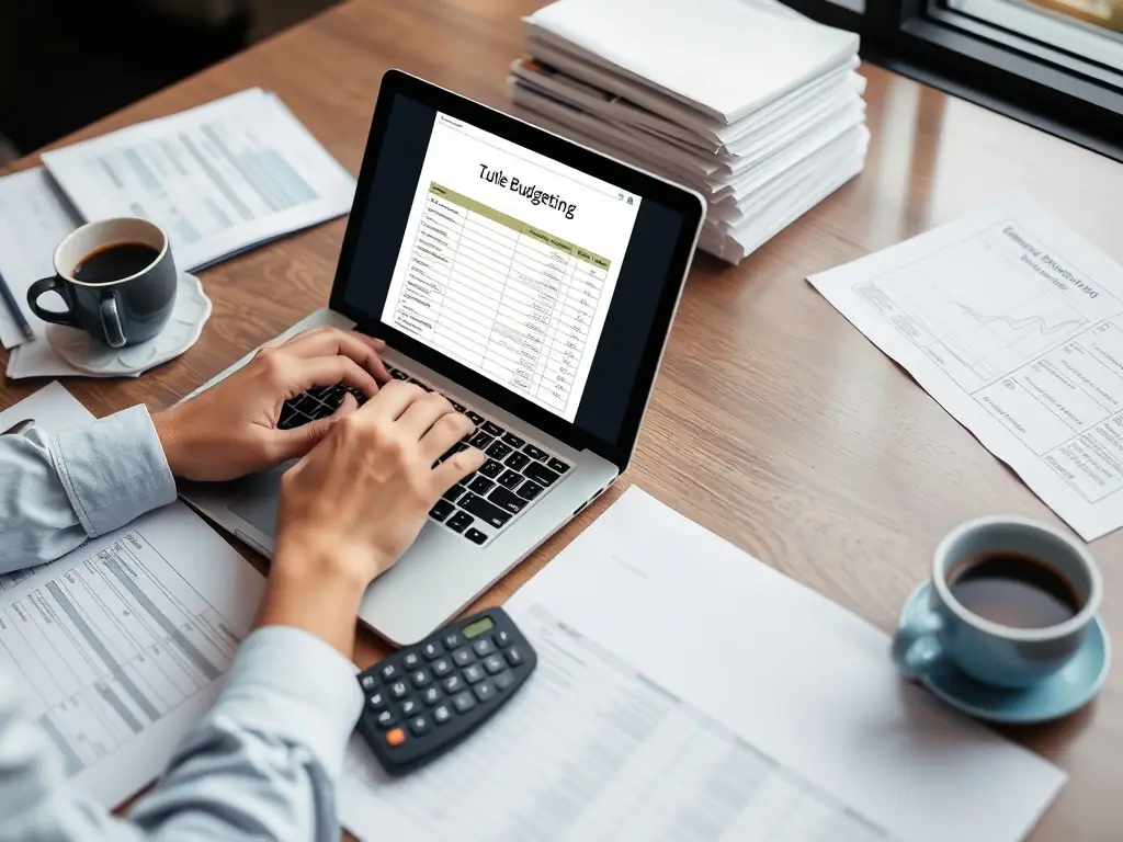 A screenshot of a family budget template with sections for income, bills, groceries, and savings, styled with soft beige and green tones, showcasing its user-friendly design.