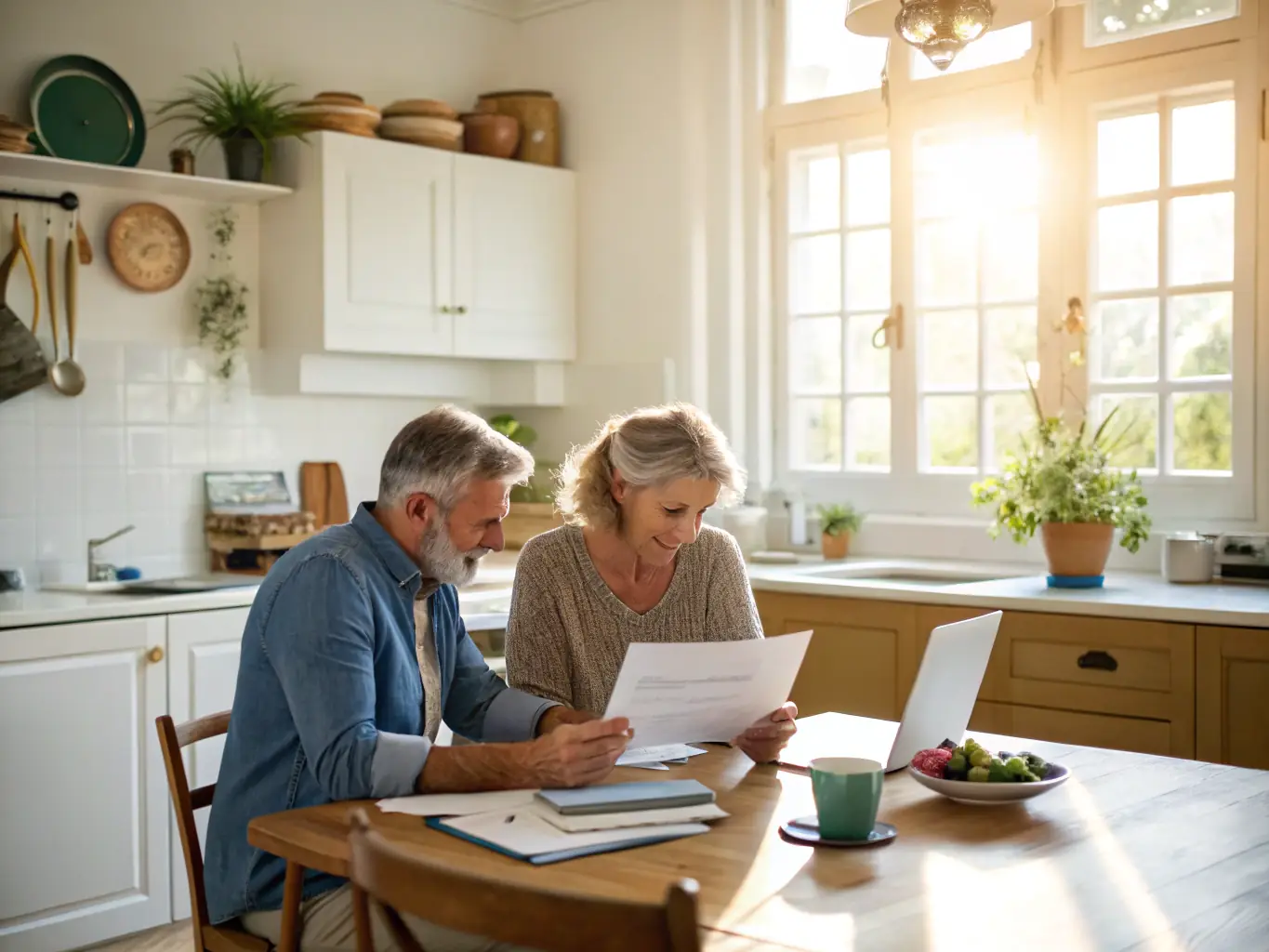 A responsible couple reviewing their credit card statements together at a kitchen table, with a laptop displaying a credit monitoring dashboard in the background.
