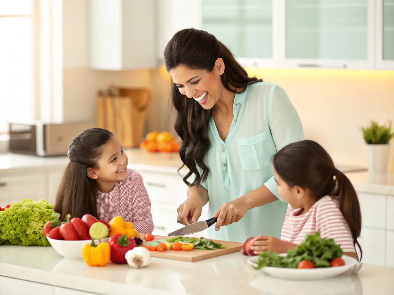 A modern kitchen with a family preparing a meal together, with a visible budget planner on the counter.