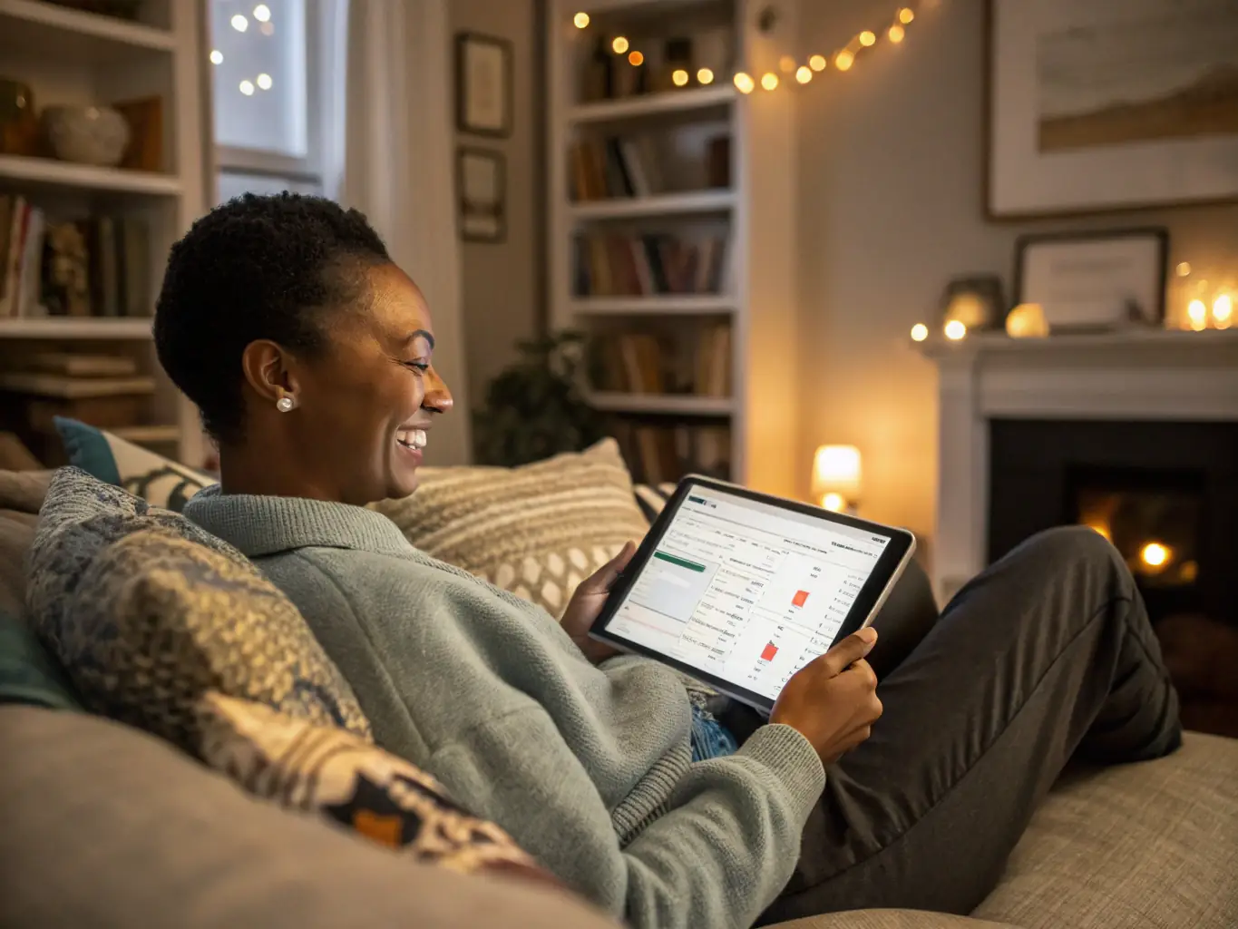 A person using a budgeting app on their tablet, with a cozy home environment in the background, showcasing the ease of digital budgeting.