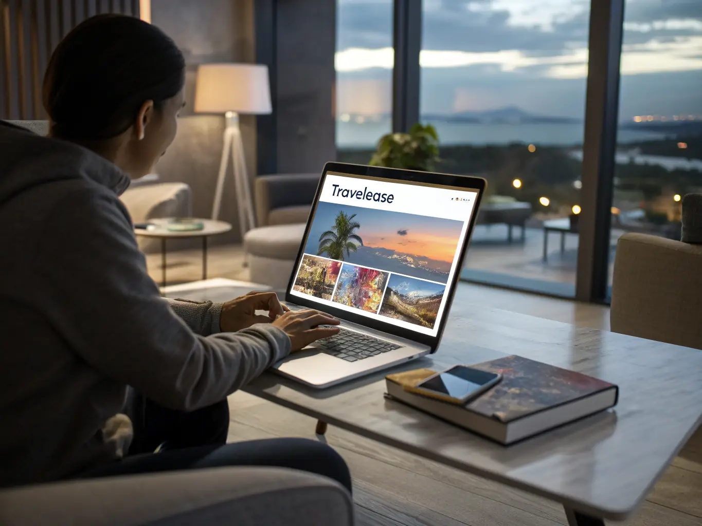 A cozy living room scene with a couple happily planning their vacation using a tablet, surrounded by travel brochures and a world map.